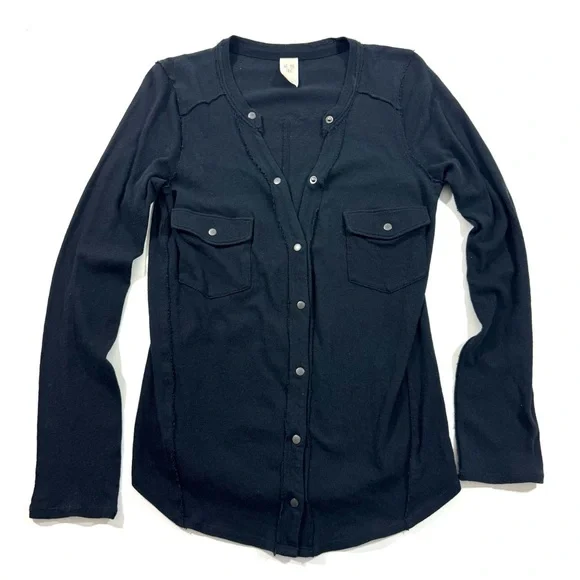 We The Free Starlight Snap Front Henley Shirt Black Long Sleeve - Picture 2 of 7